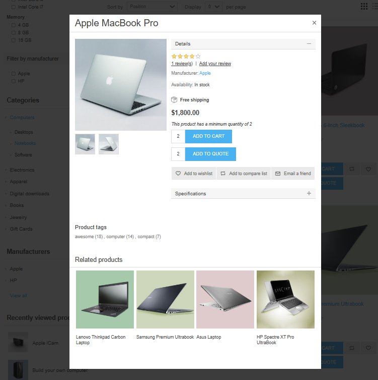 frontend quick view popup display
